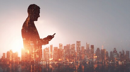 Poster - Businessman Silhouette with Smartphone Against City Skyline Background