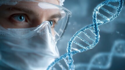 Poster - biomedical engineer examining dna helix in laboratory setting