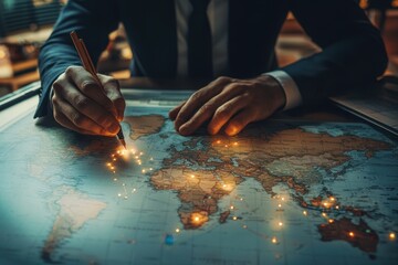 Poster - Businessman analyzing supply chain logistics on a world map in an office setting, business man labeling on the map supply chain Elements of this image furnished