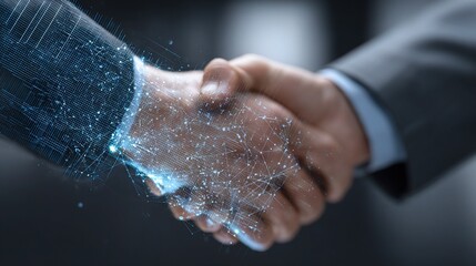 Poster - Business Handshake with Holographic Interface in Professional Setting