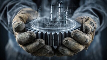 Poster - Hands Holding Gear with Industrial Background and Workers' Elements