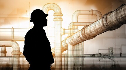 Poster - Engineer Silhouette with Pipe Flowchart Overlay and Background Design