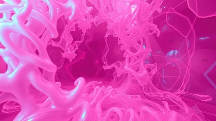 Poster - Vibrant pink abstract shapes intertwine in a surreal space, inviting exploration and imagination in a futuristic digital environment