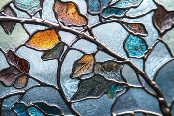 Fototapete - Artistic stained glass panel featuring autumn leaves in shades of orange, brown, and blue, framed by a bronze-colored branch-like structure.