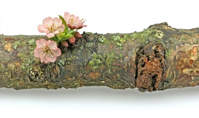 pink flowers blooming on mossy tree branch, spring. nature background image for websites
