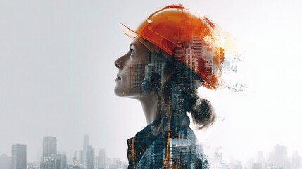Poster - Double Exposure Portrait of Woman in Construction Wearing Helmet