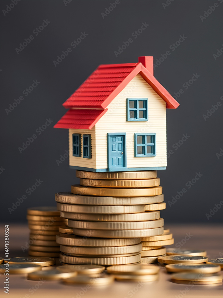 Home loan reverse mortgage, asset refinancing idea. Small house positioned on stacks of coins, symbolizes a homeowner or borrower converting properties into cash, saving money to secure shelter, a ...