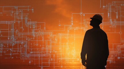 Poster - engineer silhouette against sunset with flowchart overlay design
