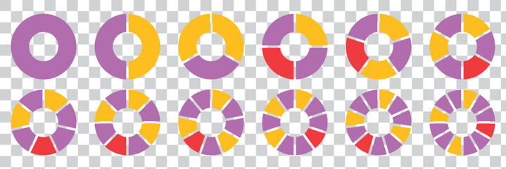 Poster - Pie charts diagram set. Circle pie charts 1,2,3,4,5,6,7,8,9,10,11,12 sections. Wheel round segment infographic part. Infographic element round shape. 