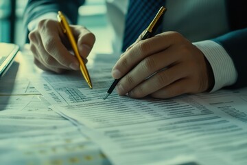 Poster - businessman analyzing financial documents with pen in hand at a modern office, business man works wi