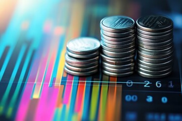 Poster - Financial data processing with stacked coins and vibrant graphs in a server environment, financial data processing over computer servers