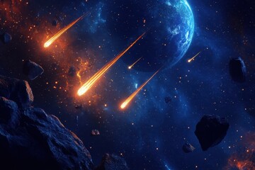 Wall Mural - earth gliding through space with meteors and asteroids in a starry backdrop, planet earth flying in 
