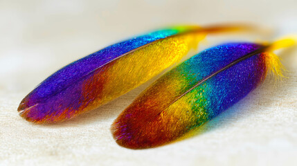 Poster - Iridescent Hummingbird Feathers Display Vibrant Colors on a White Surface With Minimalistic Elegance