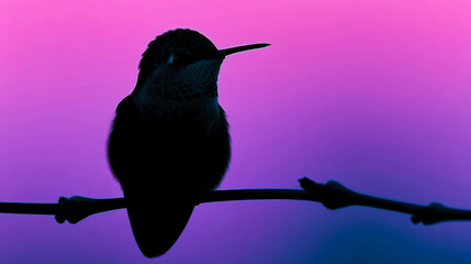 Poster - Silhouette of a Hummingbird Perched on a Branch Against a Soft Sunset Sky