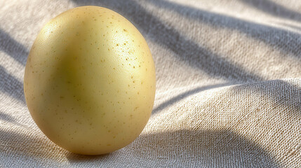 Poster - Raw Potato on a Linen Napkin in Natural Light on a Ceramic Plate for Simple Presentation