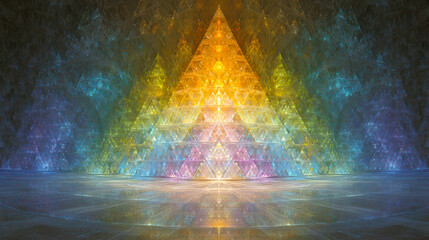 Poster - Geometric Flow of Triangular Patterns and Natural Symbols in Vibrant Kaleidoscopic Colors