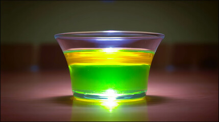 Poster - Bright Green Liquid in a Glass Bowl on a Wooden Table During Evening Light