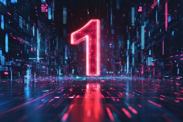 Poster - Vibrant digital number one illuminated against a dynamic animated background at night, Number 1 on animated digital background