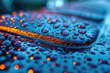 Poster - Close-up view of water droplets on a dark surface.