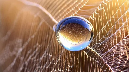 detailed spiderweb with water droplets on a clear spherical orb reflecting blue sky and golden light