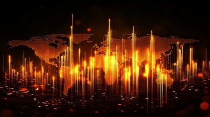 Poster - Global Network Digital World Map Orange Light Abstract Background Art Data Warm Power Lines Fiery   