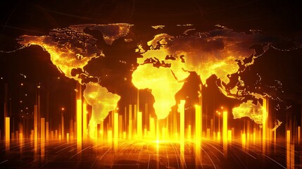 Poster - Global Network Digital World Map Golden Bars Business Technology Data Light Chart Growth Future     