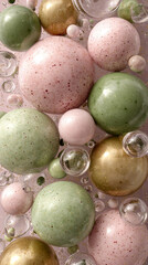 Poster - Pink, green, gold spheres with glitter, floating on a subtle background, showcase a luxurious, elegant, and calming aesthetic, ideal for branding or design