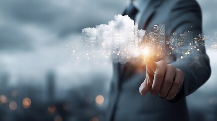 Poster - Businessman Reaching Out to Virtual City With Innovative Technology