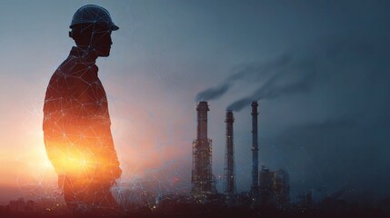 Poster - Silhouette of Power Plant Worker Overlaid with Grid Pattern at Sunset