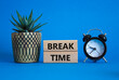 © Natallia - Break Time symbol. Wooden blocks with words Break Time. Beautiful blue background with alarm clock and succulent plant. Business and Break Time concept. Copy space.