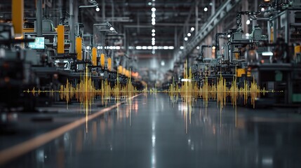 Poster - Digital Waveform Overlay in Modern Factory Assembly Line Setting