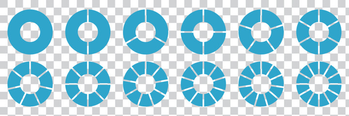 Poster - Circle pie chart diagram. Set of pie charts diagrams. Pie chart divided 2, 3, 4, 5, 6,7, 8, 9, 10, 11, 12. equal parts. Circle section graph. Different color circles. Colorful diagram graphs. Eps 10