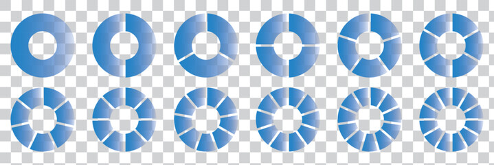 Poster - Circle pie chart diagram. Set of pie charts diagrams. Pie chart divided 2, 3, 4, 5, 6,7, 8, 9, 10, 11, 12. equal parts. Circle section graph. Different color circles. Colorful diagram graphs. Eps 10
