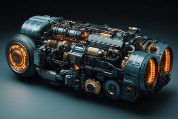 Poster - Futuristic, intricate engine design with glowing details.