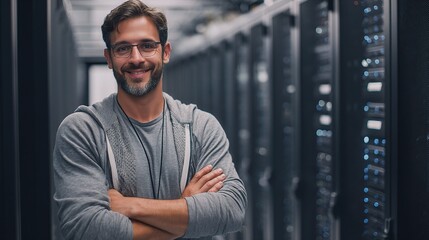 Poster - Technician in Data Center with Server Racks Overlays Smiling