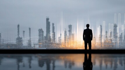 Poster - Silhouette of Business Executive Overlooking Financial Dashboard Scene