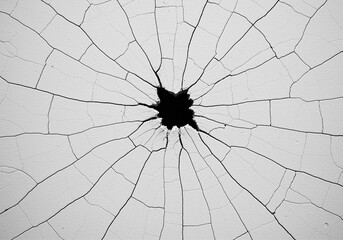 Poster - Cracked surface with black hole texture showing cracked pattern of white material. The cracks radiate outward from the center creating a spiderweb-like effect on the textured surface