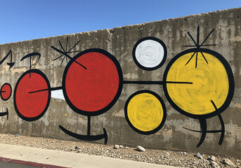 Poster - Graffiti Mural on Concrete Wall featuring Abstract Circles and Lines in Red Yellow and White colors creating a vibrant street art display with bold black outlines and playful design