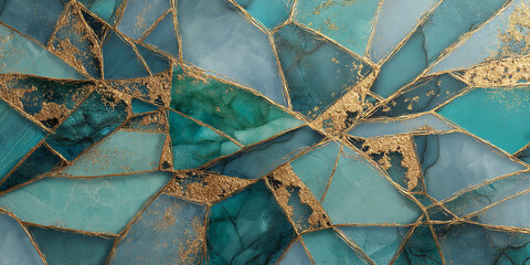 Poster - Abstract teal and gold geometric pattern, resembling shattered glass or precious stone mosaic, showcasing luxury and elegance, ideal for design background