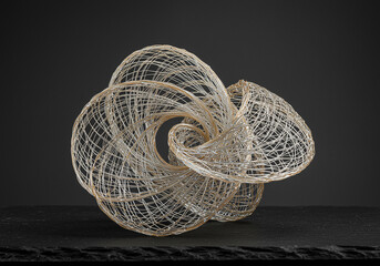 Poster - Abstract wire sculpture on dark background showcases intricate graphic art with delicate wire work and swirling design creating a visually captivating piece