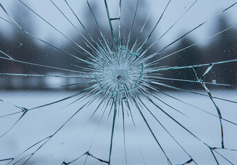 Poster - Broken glass with cracks and shattered effect on window. Abstract image of damaged glass with radial cracks and sharp fragments