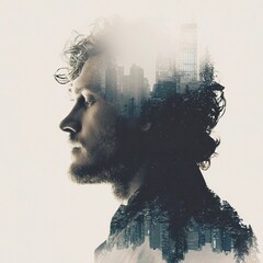 Poster - Portrait of a Man with Cityscape Overlay in Artistic Style