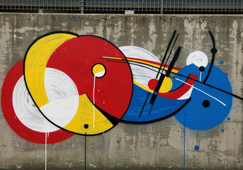 Poster - Abstract Mural Art on Concrete Wall featuring Colorful Abstract Art. The mural displays a composition of circles and lines in red yellow blue and white colors creating a vibrant abstract design