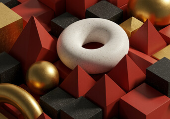 Poster - 3D Geometric Shapes with Pyramids Cubes Spheres and Torus. Abstract 3D render with geometric shapes in gold black red and white colors