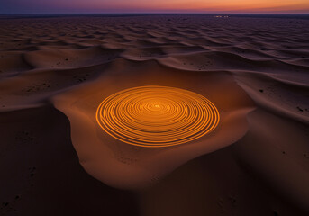 Poster - Sand dune with light trails in desert landscape at dusk creating a spiral pattern on sand
