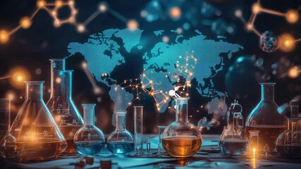 Aufkleber - Lab equipment and a world map in the background