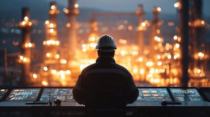 Poster - Control Room Silhouette at Gas Plant with Alert Systems Display