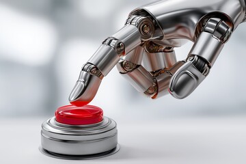 Poster - Robotic hand pressing glowing red emergency button representing artificial intelligence control and futuristic decision-making, Generative AI