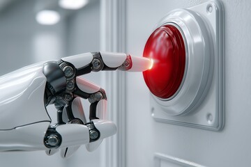 Poster - Robotic hand pressing glowing red emergency button representing artificial intelligence control and futuristic decision-making, Generative AI