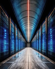 Aufkleber - Cyberpunk Aesthetic Showcases a Modern Data Center Illuminated With Vibrant Blue Lights